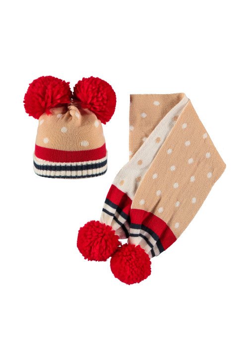  Completo cappello e sciarpa con pompon Beige - Abbigliamento neonata