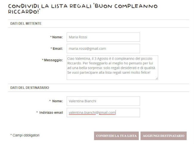 email condivisione lista regali